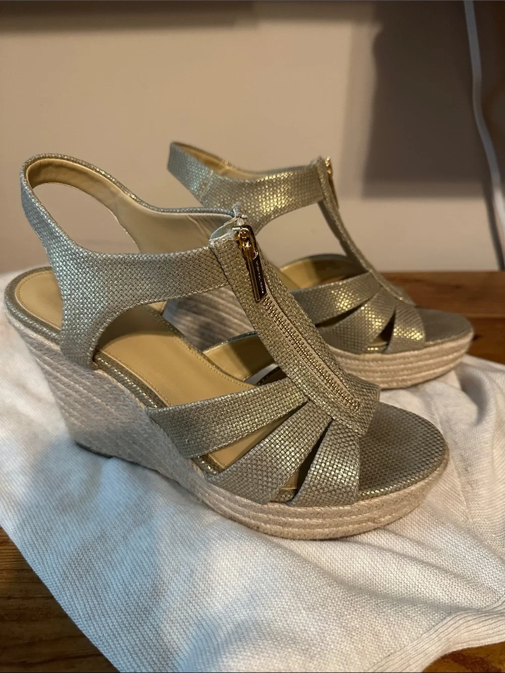 Michael Kors Metallic Gold Wedge Sandals with Front Zip